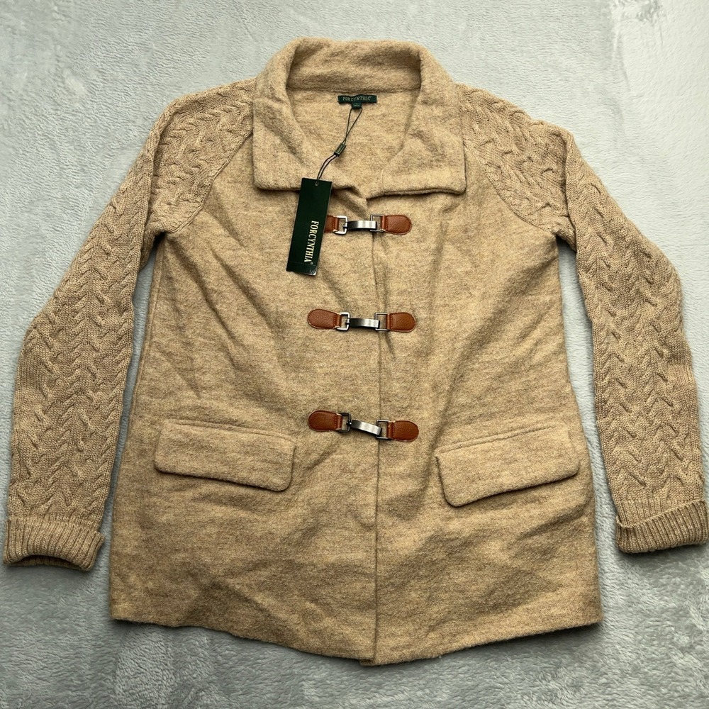 NEW For Cynthia Cardigan Sweater Womens Large Camel Brown Wool Cable Knit Duffle